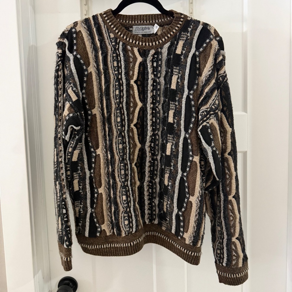 Vintage Matrik Mens Sweater Coogi Style Knit Pullover Brown Geometric Large